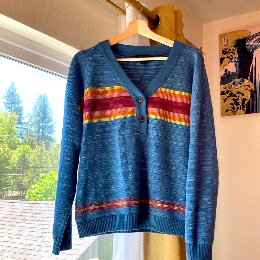 Women’s Pendleton Dyed Cotton Vneck sweater in Blue with stripes ,size L